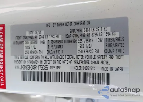 2024 Mazda Cx-90 3.3 Turbo Preferred из США, поврежденный, VIN JM3KKBHD4R1175985